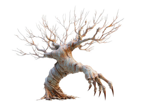 Fantastical walking tree monster with gnarled bark and a large menacing clawed hand.