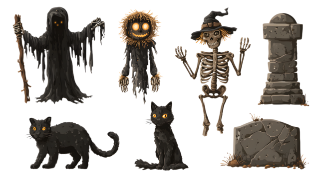 Set of Halloween spooky decorations with ghost, scarecrow skeleton, black cats, and tombstones, perfect for Halloween parties or haunted houses