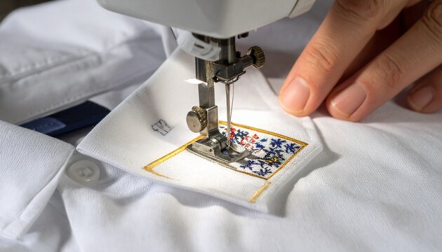 A person's hand guides fabric under a sewing machine to embroider a colorful floral patch onto a white shirt.