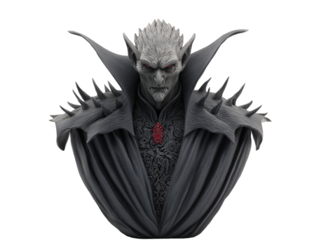 Menacing bust of a fantasy vampire king with glowing red eyes pointed ears and ornate spiked armor.