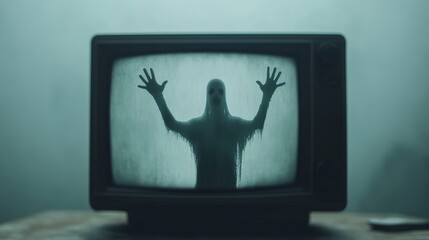 Vintage TV screen with static showing a ghostly figure reaching out from the screen towards the viewer