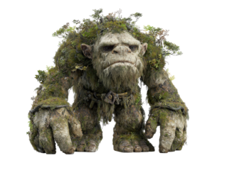 A large ancient forest troll with rocky skin covered in green moss and foliage standing with a stern expression.