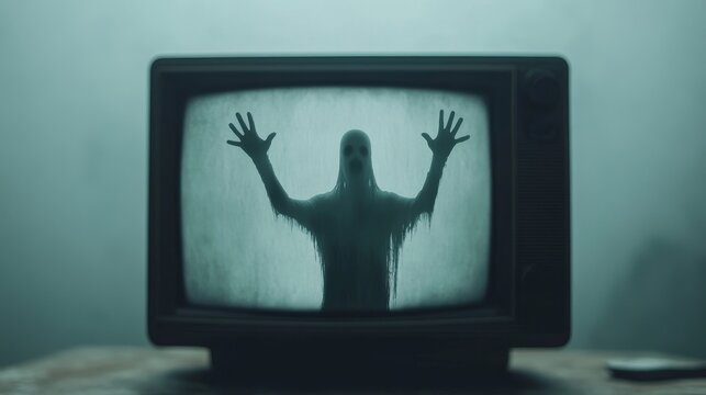 Vintage TV screen with static showing a ghostly figure reaching out from the screen towards the viewer
