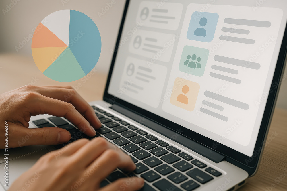 Poster person typing on laptop keyboard with pie chart and user interface on screen