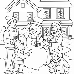 Coloring page for kids - Family building snowman together in winter snow outside house  