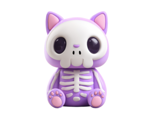 Adorable purple cat figurine with a white skeleton design sitting with large glossy eyes and pink paws.