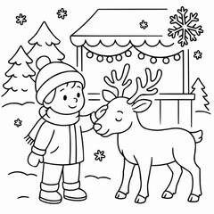 Fototapeta premium Coloring page for kids - Child petting reindeer in winter with festive backdrop and snowflakes 