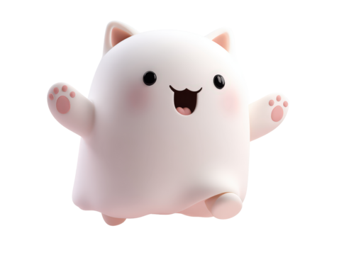 Charming 3D white ghost cat with pink paws and a joyful open-mouthed smile.