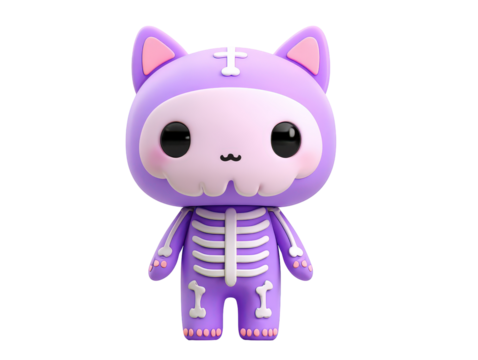 Adorable purple cat figurine in a kawaii skeleton costume with a skull face and large glossy black eyes.