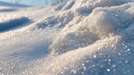 Naklejka premium Closeup of sparkling fresh snow with soft texture and sunlight reflections creating magical winter atmosphere and shimmering cold beauty