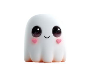 A cute semi-translucent ghost character with large sparkling galaxy eyes a gentle smile and glowing pink heart cheeks.