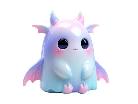 Cute glossy pastel monster with horns wings and big black eyes sitting patiently.