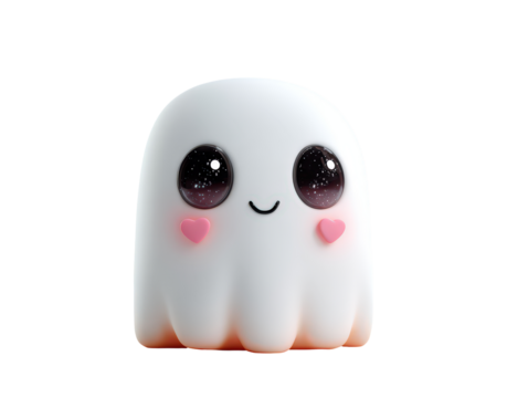A cute semi-translucent ghost character with large sparkling galaxy eyes a gentle smile and glowing pink heart cheeks.