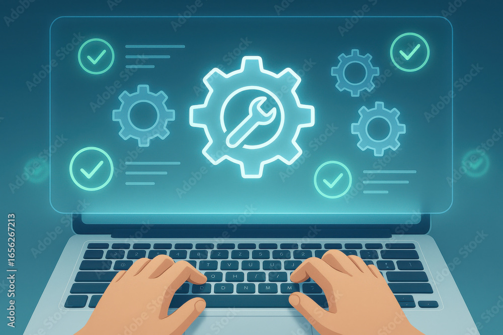 Poster hands typing on laptop keyboard with digital settings and maintenance icons glowing above