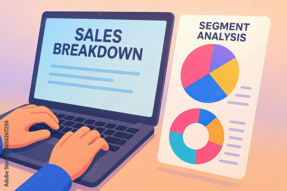 Aufkleber sales breakdown and segment analysis shown on laptop and chart with hands typing