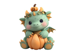 Charming mint green baby dragon sitting with a pumpkin wearing a leafy crown and a tiny jack-o-lantern.