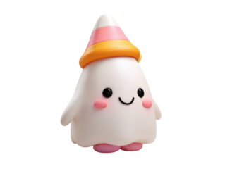 Adorable smiling ghost figurine with pink sparkly cheeks and a striped candy corn hat.