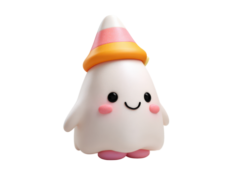 Adorable smiling ghost figurine with pink sparkly cheeks and a striped candy corn hat.