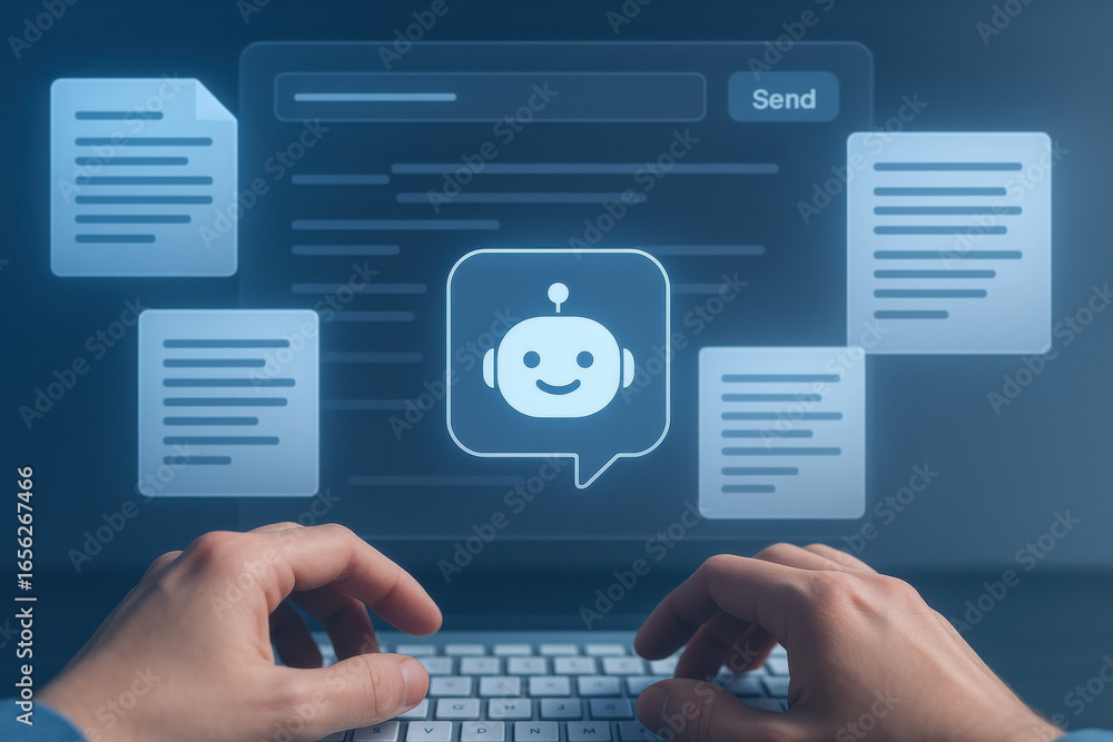 Aufkleber hands typing on keyboard with chatbot icon and text message interface glowing on screen