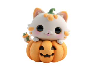 Adorable Halloween kitten with pumpkin patches and big glossy eyes peeking out of a carved jack-o-lantern.