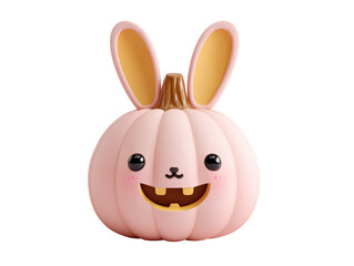 A cute pink pumpkin character with large bunny ears and a happy toothy grin.