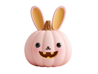 A cute pink pumpkin character with large bunny ears and a happy toothy grin.