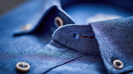 Close-up of a stylish blue shirt collar, button detail, and fabric texture