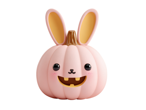A cute pink pumpkin character with large bunny ears and a happy toothy grin.