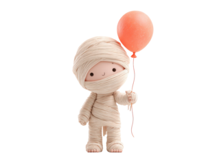 A cute smiling mummy character wrapped in textured bandages standing and holding a single orange balloon.