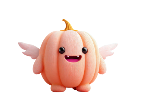 Charming 3D pumpkin monster with tiny wings a happy fanged smile and a unique finely-lined texture.