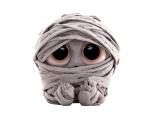 Adorable baby mummy character wrapped in tattered bandages featuring large glossy expressive eyes.