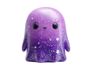 Adorable purple galaxy ghost toy with a sparkly cosmic texture big black eyes and a sweet smile.