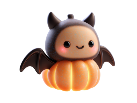 Adorable kawaii bat character with a glowing pumpkin body and a unique sparkling texture.