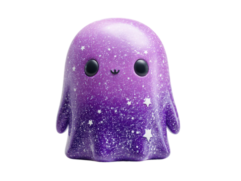 Adorable purple galaxy ghost toy with a sparkly cosmic texture big black eyes and a sweet smile.