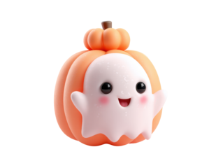 Adorable 3D Halloween ghost with big eyes and pink cheeks smiling from inside an orange pumpkin.