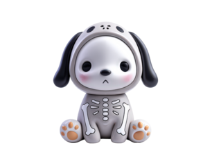 Chibi-style toy puppy sitting in a gray skeleton costume with large eyes and pink cheeks.