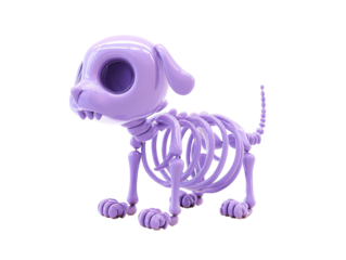 A cute stylized purple dog skeleton with a glossy finish and large hollow eyes.