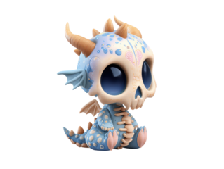 Cute sitting baby dragon figurine with a decorative calavera-style skull head and horns.