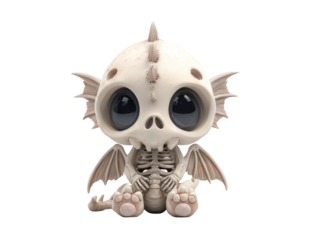 Adorable sitting baby dragon skeleton with oversized glossy black eyes and small wings.