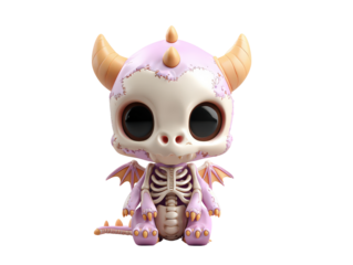 Adorable skeletal baby dragon toy in pink and orange featuring a stitched head and huge dark eyes.