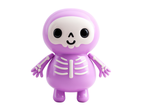 Adorable purple skeleton character figurine with a white skull face and happy expression.