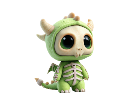 Cute baby dragon character in a green skeleton costume with large glossy eyes.