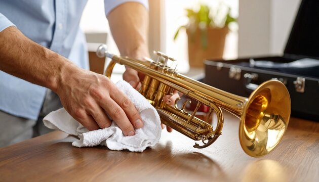 A person carefully polishing a shiny brass trumpet with a white cloth on a wooden table.
