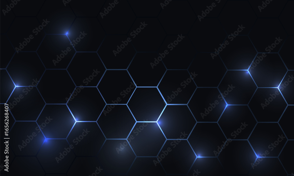 Canvas Prints dark blue hexagonal technology vector abstract background. blue bright energy flashes under hexagon 