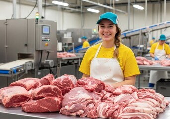 A smiling female worker in a meat processing factory stands behind a table piled high with fresh cuts of beef and pork, ready for production