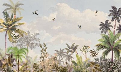 Mughal Garden Illustration, Traditional Indian wall Mural, Wallpaper Illustration, Birds, Watercolor Background © Sharif