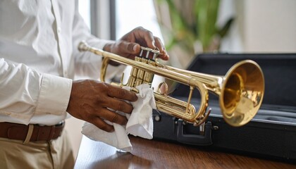 Obraz premium Close-up of hands meticulously cleaning a gleaming brass trumpet with a soft white cloth, preparing the musical instrument.