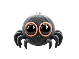 Adorable black cartoon spider with huge glossy eyes orange rims and a speckled texture.