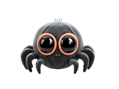 Adorable black cartoon spider with huge glossy eyes orange rims and a speckled texture.