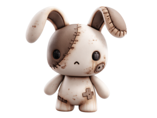 A creepy-cute two-tone plush bunny with Frankenstein-style stitches and worn patches.